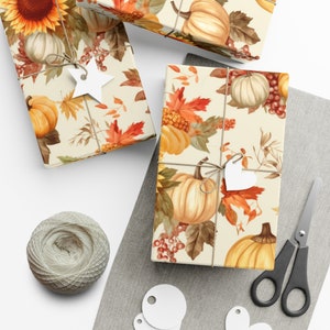 Fall leaves Gift Wrap, Pumpkin Paper Sheets, Autumn Wrapping Paper Roll, Eco Friendly GiftWrap, Wedding Gift Wrap, Beige Fall Florals