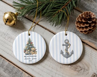 Personalized 1st Christmas Ceramic Ornament, Two-Sided Round Nautical Sweet Baby Boy Keepsake