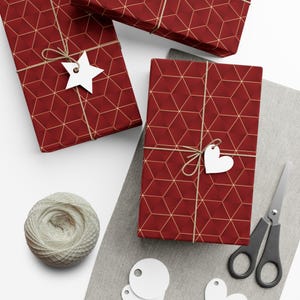 Dark Red and Gold Wrapping Paper Rolls, Art Deco Gold and Red Gift Wrap, Retro Style Christmas Wrapping, Birthday Gift Wrap for Men or Women