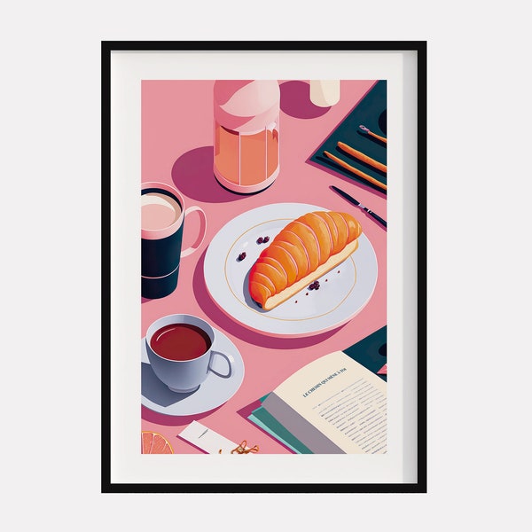 Affiche numérique de la table du petit déjeuner français, affiche du petit déjeuner, affiche de la cuisine française, affiche du croissant, affiche de la nourriture, art de la nourriture