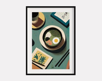 Digital Poster of Japanese Breakfast Table, Breakfast Poster, Japanese Food Poster, Asa Gohan, Food Poster, Food Art