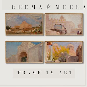 May include: Four framed paintings depicting scenes from a Middle Eastern city. The paintings are in a muted colour palette of beige, brown, and blue. The text "REEMA & MEELA FRAME TV ART" is printed below the paintings.