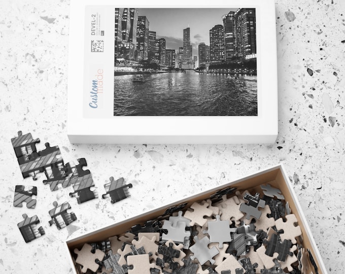 Chicago Jigsaw Puzzle: Chicago Skyline, Black and White Night Photo, 250, 500, 1000 piece For Adults