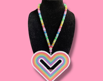 Rainbow Heart Glow in the Dark Kandi Necklace for Festivals and Rave Events Costume Jewelry Perler Trippy Design Custom Made