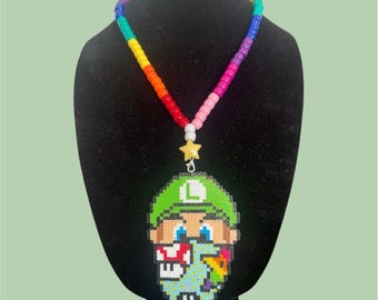 Luigi Mini Kandi Necklace with Mini Perler Beads for Festival Party Rave Event