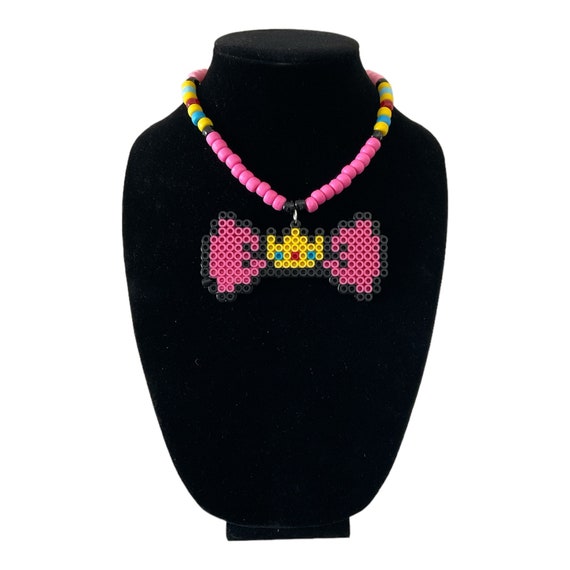 Princess Peach Bow Tie Handmade Perler Kandi Necklace Festival