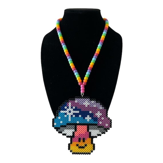 Happy Starry Shroom Rainbow Perler Kandi Necklace For Festival Rave Costume  Gear