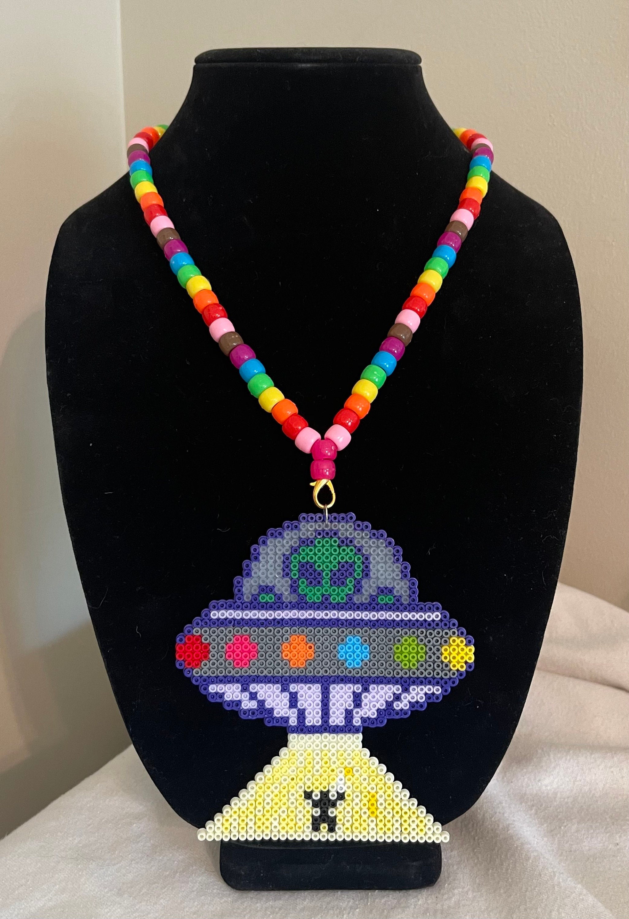 Mini Alien and UFO Kandi Necklace for Festivals and Rave Events Costume  Jewelry Perler Trippy Design Custom Made