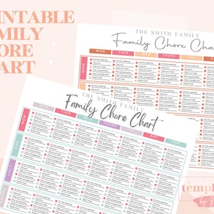 customizable chore chart - family chore chart - printable family chore chart - pdf family chore chart - weekly chore chart
