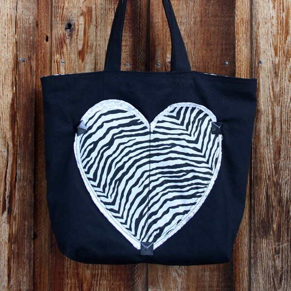 ZEBRA • Heavy Duty Tote • REVERSIBLE • w/ Heart Shaped Pocket