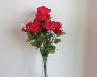 Simple Red Roses Artificial Flower Arrangement with Thin Glass Vase