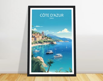 Cote D&#39;Azur travel print, France Travel poster, travel print, Birthday gift, Wall art, Wedding gift + FRAME, Christmas gift