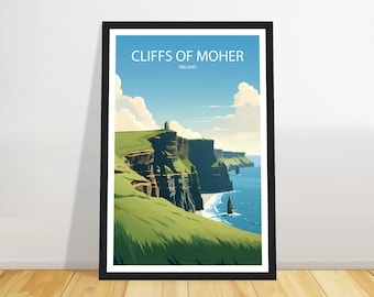 Peut inclure: Une illustration colorée des falaises de Moher en Irlande. L'image montre une vue spectaculaire des falaises avec un ciel bleu et l'océan en arrière-plan.