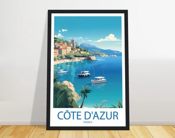 Cote D&#39;Azur travel print, France Travel poster, travel print, Birthday gift, Wall art, Wedding gift + FRAME