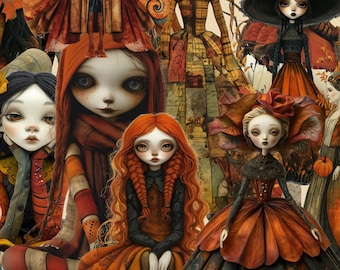 May include: A digital collage of 30 fall-themed dolls in various poses and sizes. The dolls are dressed in autumnal colors like orange, red, and brown. The image includes the text "30 Dolls in 7 Sizes & PNG Fall Dolls Clipart PNG and Printable Versions".