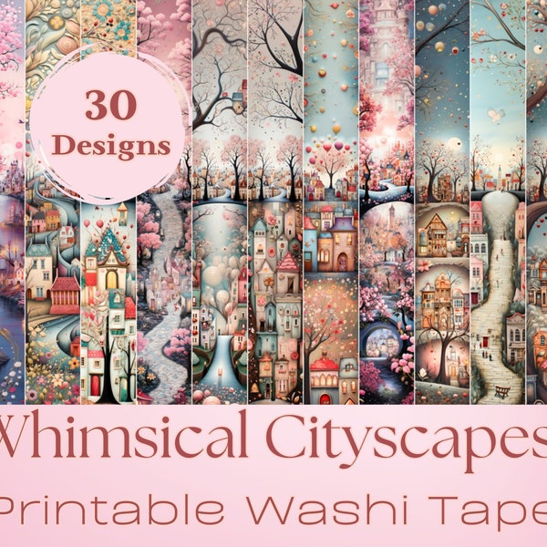 WHIMSICAL CITYSCAPES Printable WASHI Tape | Wunderschöne Miniatur-Designs, druckbare Junk-Journal-Elemente, ideal für Kunsthandwerk aller Art