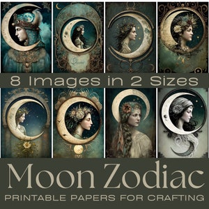 LUA ZODÍACO, Signo da Lua do Zodíaco, Cartões ATC, Papel Digital, Cartões de Diário para Imprimir, Download Digital, Criação de Cartões, Efêmera, Artesanato, Zodíaco