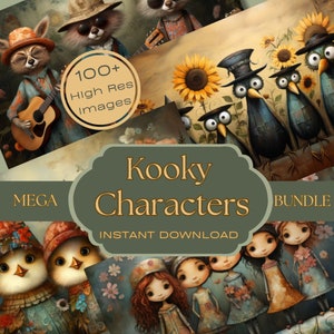 KOOKY CHARACTERS Mega Bundle of 100+ Printable Designs for Card Making, Wall Art, Decoupage, Paper Crafts, Add-on PERSONALIZATION available
