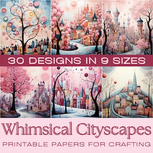 PAISAJES CIUDADES caprichosos / Documentos de diario abstractos, tarjetas ATC, papel digital, fabricación de tarjetas, documentos de elaboración, kit de diario basura, imprimibles