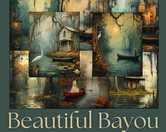 Peut inclure: Un collage de 20 peintures numériques représentant une scène de bayou marécageux avec une végétation luxuriante, de l'eau et divers éléments comme des maisons, des bateaux et des oiseaux. Le texte "Beautiful Bayou" et "20 High Quality Designs In 10 Sizes" est affiché en bas.