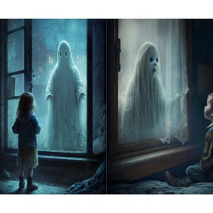 May include: A young girl stands in front of a window, looking at a white ghost figure. The ghost has two black eyes and is wearing a white sheet. The girl is wearing a blue jacket, a yellow skirt, and black boots. The window is old and has a wooden frame.