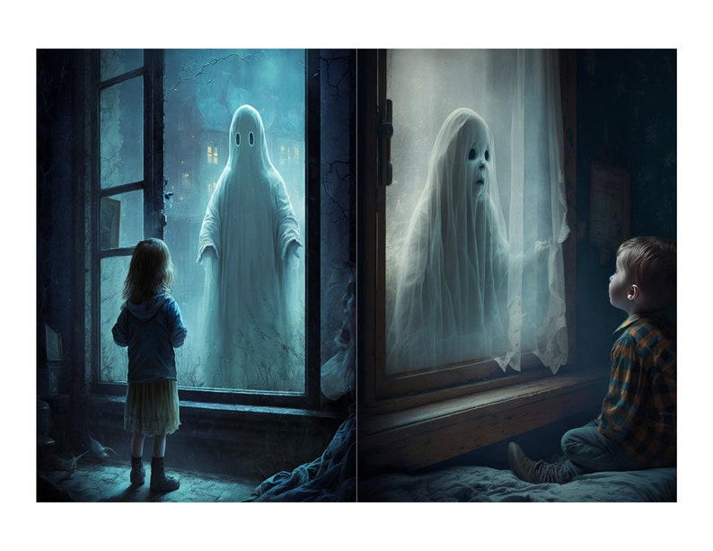 May include: A young girl stands in front of a window, looking at a white ghost figure. The ghost has two black eyes and is wearing a white sheet. The girl is wearing a blue jacket, a yellow skirt, and black boots. The window is old and has a wooden frame.
