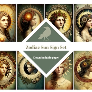 SIGNE DU SOLEIL, cartes ATC, papier numérique, cartes de journalisation imprimables, téléchargement numérique, fabrication de cartes, éphémères, travaux manuels, journal indésirable, zodiaque,