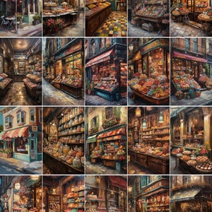 May include: A collage of 12 paintings depicting various Parisian shops, each with a unique storefront and colorful displays of goods. The shops feature a variety of items, including pastries, candies, and other treats. The paintings are all in a similar style, with a focus on detail and realism.