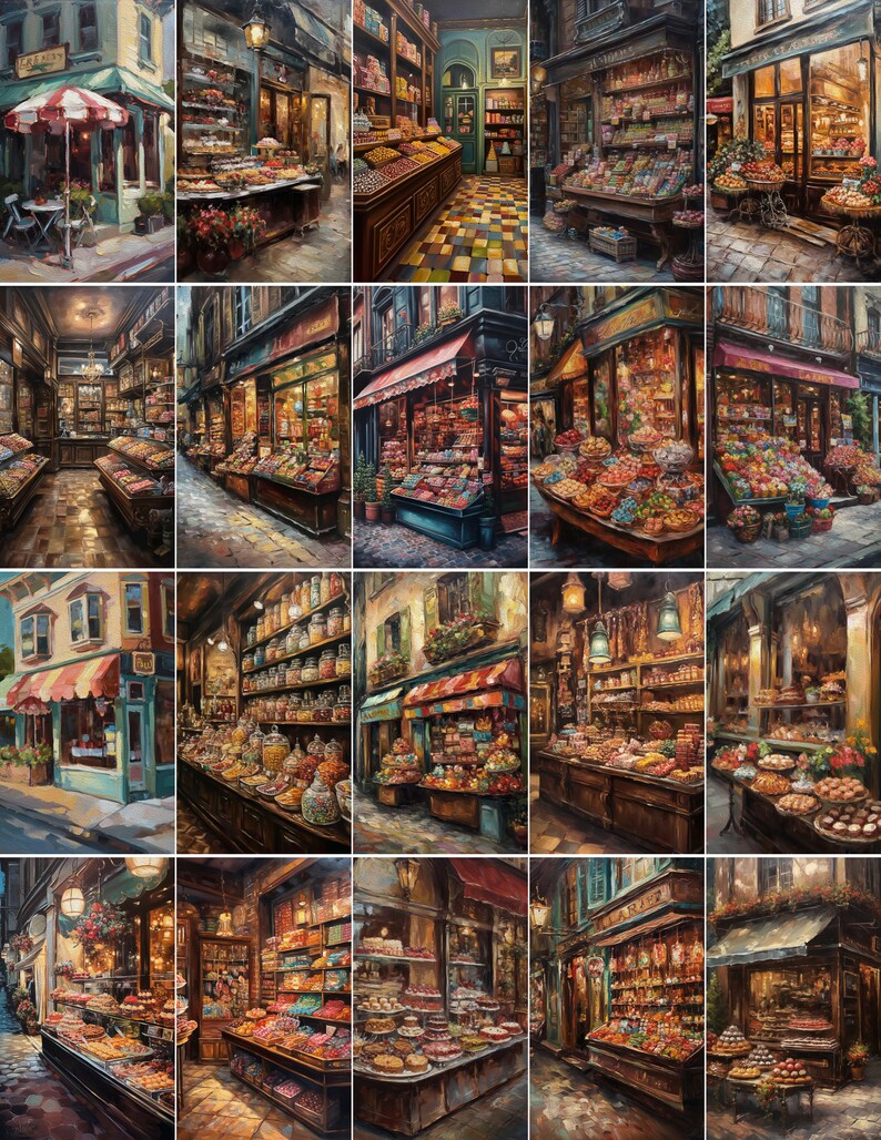 May include: A collage of 12 paintings depicting various Parisian shops, each with a unique storefront and colorful displays of goods. The shops feature a variety of items, including pastries, candies, and other treats. The paintings are all in a similar style, with a focus on detail and realism.