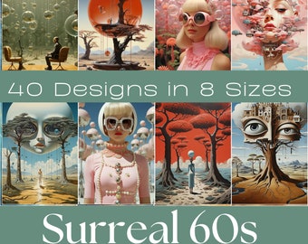 May include: A collage of 8 images featuring surreal 60s-inspired artwork. The images include a woman with large sunglasses, a tree with a giant eye, and a floating head with a cityscape. The text "40 Designs in 8 Sizes" and "Surreal 60s Printable Pages for Crafting" is included in the collage.