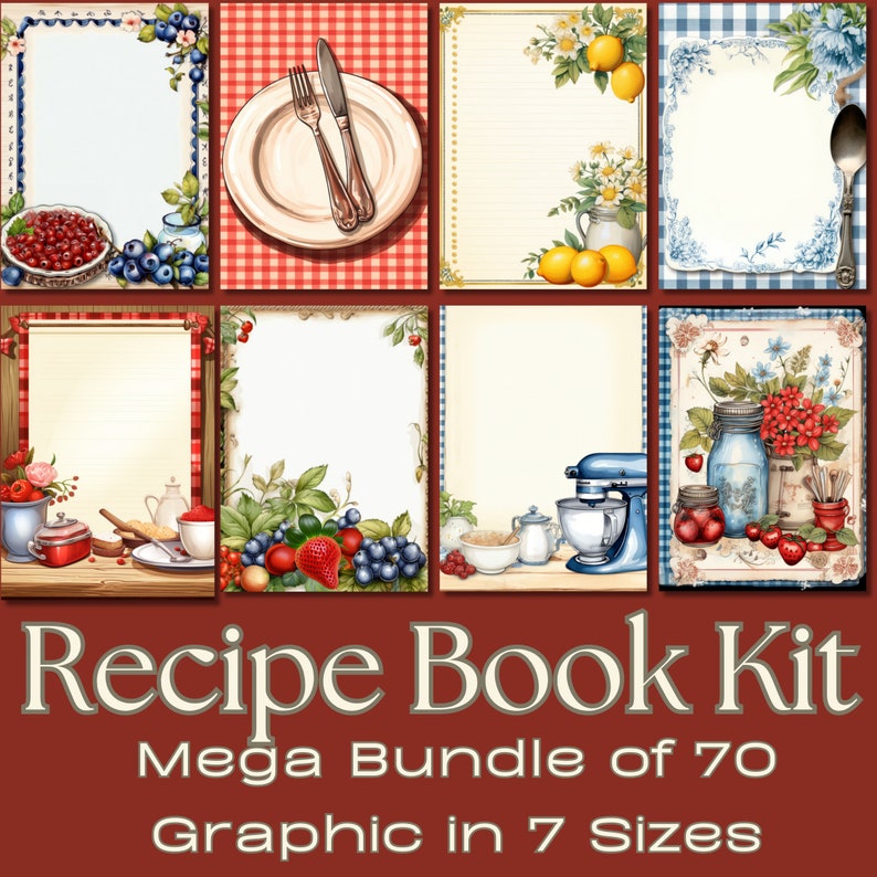 Puede incluir: Un kit gr&aacute;fico de libro de recetas con fondo rojo. La imagen presenta ocho dise&ntilde;os diferentes de tarjetas de recetas con varias ilustraciones, incluyendo frutas, utensilios de cocina y arreglos florales. El texto en la parte inferior dice "Recipe Book Kit" y "Mega Bundle of 70 Graphic in 7 Sizes."