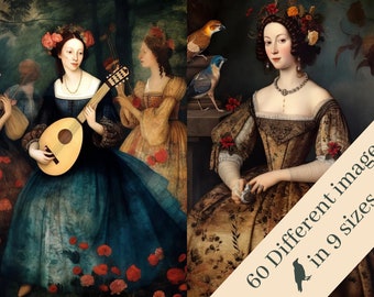 May include: A painting of two women in a garden setting. The woman on the left is playing a lute and wearing a blue dress with a floral crown. The woman on the right is wearing a gold dress with a floral crown and holding a small white object. The background is a lush green forest with red flowers.