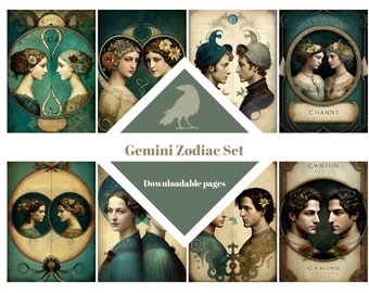 GEMINI ZODIAC | Printable set, ATC Cards,  Digital Paper, Printable Journaling Cards, Digital Download, Card Making, Ephemera, junk journal