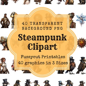 スチームパンク クリップ アート | 40 種類の多様なスチームパンク画像、透明な背景の PNG 画像、印刷可能なファジー カット、即時ダウンロード、デジタル クラフト