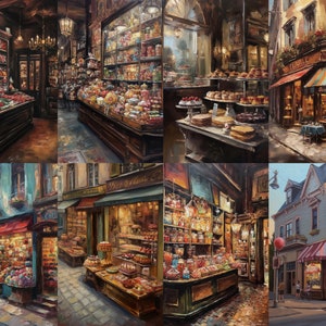 May include: A collage of eight paintings depicting various candy and pastry shops. Each shop has a unique storefront and interior, with colorful displays of sweets and treats. The paintings are in a realistic style and capture the charm of old-world shops.