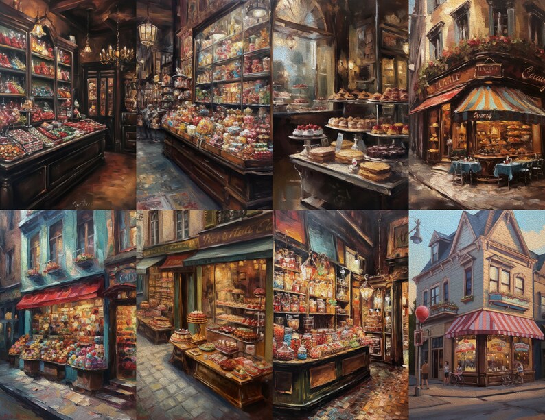 May include: A collage of eight paintings depicting various candy and pastry shops. Each shop has a unique storefront and interior, with colorful displays of sweets and treats. The paintings are in a realistic style and capture the charm of old-world shops.