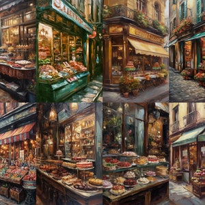 May include: A collage of eight paintings depicting various Parisian shops, each with a unique storefront and colorful displays of goods. The shops include a bakery, a flower shop, a fruit stand, and a candy store. The paintings are all in a realistic style and capture the charm of Parisian street life.