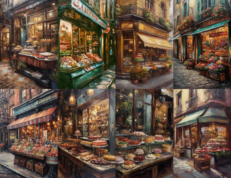 May include: A collage of eight paintings depicting various Parisian shops, each with a unique storefront and colorful displays of goods. The shops include a bakery, a flower shop, a fruit stand, and a candy store. The paintings are all in a realistic style and capture the charm of Parisian street life.