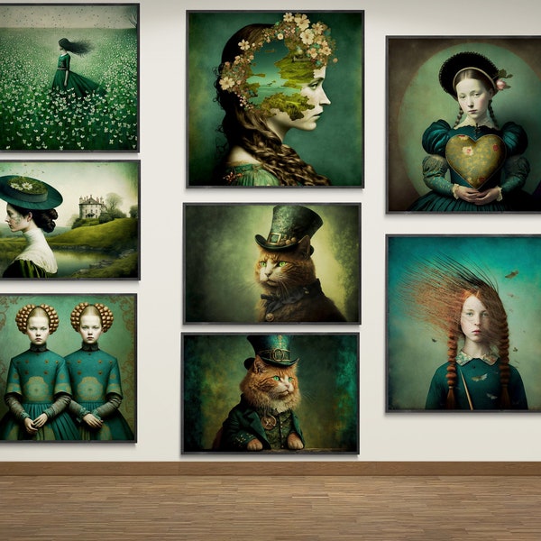 Gallery wall set of 8, Irish Prints, St Patrick's day, Personified cats, Irish landscape, Printable downloadable, High Resolution, Surreal