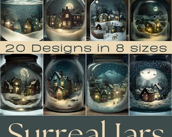 Surreal Winter Village Jars | Ephemera, Scrapbook (Digital Download)