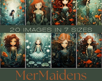 May include: A set of 20 printable digital papers featuring illustrations of mermaids with long flowing hair, surrounded by underwater flora and fauna. The papers are available in 7 different sizes and are perfect for crafting projects.