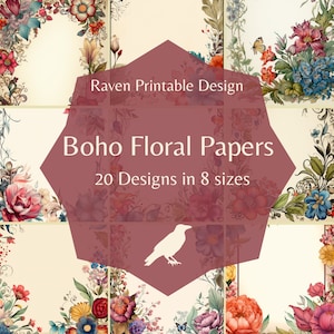 Boho bloemenpapier | Journaalpapier, Boho-dagboek, Afdrukbare logboekkaarten, Digitale download, Kaarten maken, Ephemera, Ambachtelijke papieren