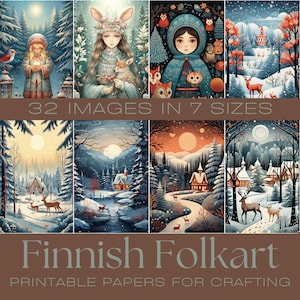 ARTE FOLK FINLANDESE / Cartoline di Natale stampabili, documenti, diari spazzatura stampabili, effimeri natalizi, arte popolare finlandese, arte popolare scandinava