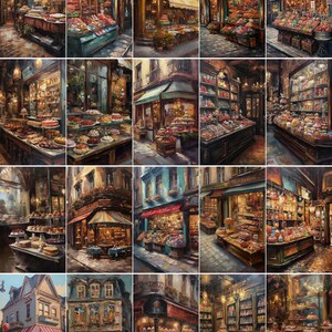 May include: A collage of 12 paintings depicting various Parisian shops, each with a unique storefront and interior filled with colorful goods. The shops feature a variety of items, including pastries, candies, and other treats. The paintings are all in a similar style, with a focus on detail and realism.