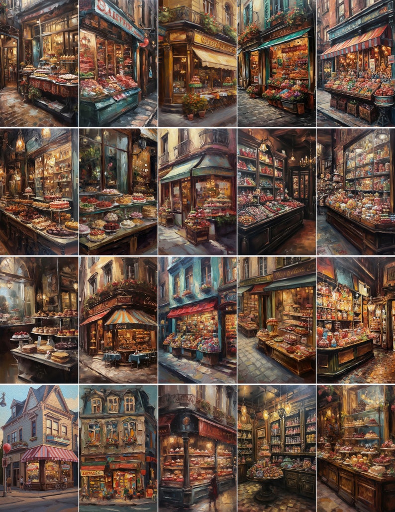 May include: A collage of 12 paintings depicting various Parisian shops, each with a unique storefront and interior filled with colorful goods. The shops feature a variety of items, including pastries, candies, and other treats. The paintings are all in a similar style, with a focus on detail and realism.