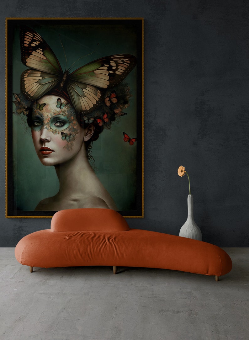 May include: A woman with a butterfly and floral design on her face, wearing a butterfly crown, in a framed painting. The painting is hanging on a dark gray wall above a burnt orange couch.