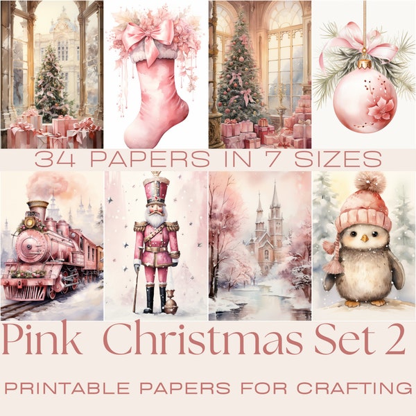 PINK CHRISTMAS Set 2 | Christmas Cards, Crafting Papers,  Printable Junk Journal, Wall Art, Card Making, Ephemera,  Journaling, Poster Print