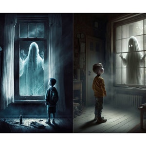 May include: A young boy stands in a dimly lit room, looking up at a ghostly figure appearing in the window. The ghost is wearing a white sheet and has glowing eyes. The room is dark and dusty, with a wooden floor and a single window.