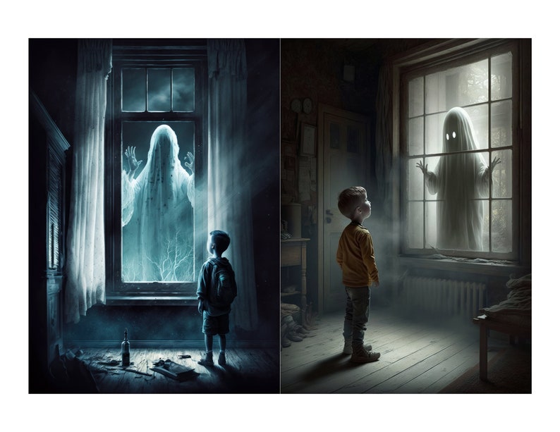 May include: A young boy stands in a dimly lit room, looking up at a ghostly figure appearing in the window. The ghost is wearing a white sheet and has glowing eyes. The room is dark and dusty, with a wooden floor and a single window.