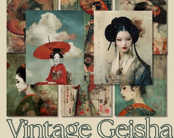 May include: A collage of 12 vintage-style images featuring geishas in traditional Japanese clothing and accessories. The images are in various colors and styles, with a focus on red, blue, and green.